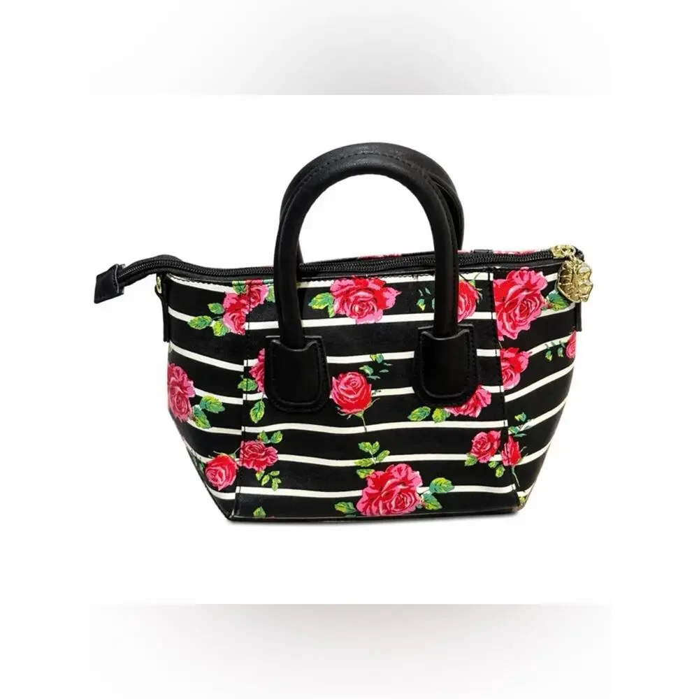 Betsey Johnson Floral Stripe Satchel Black Pink Rose Mini Handbag Y2K